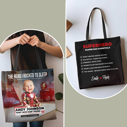 Personalized Superhero Baby Tote Bag – Baby Iron Man Design with Custom Name, Photo & Message